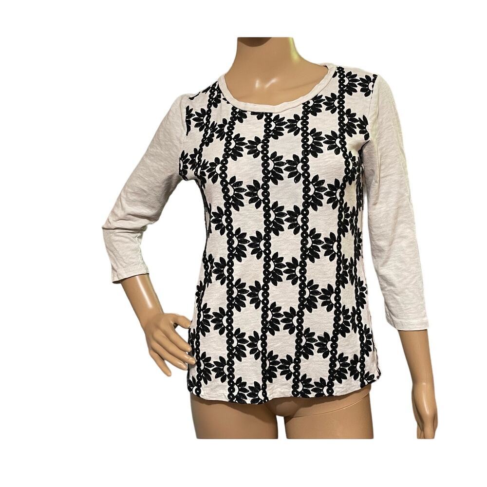 J. Crew Womens Embroidered Floral‎ Peasant Top Cream 3/4 Sleeves Crewneck Small